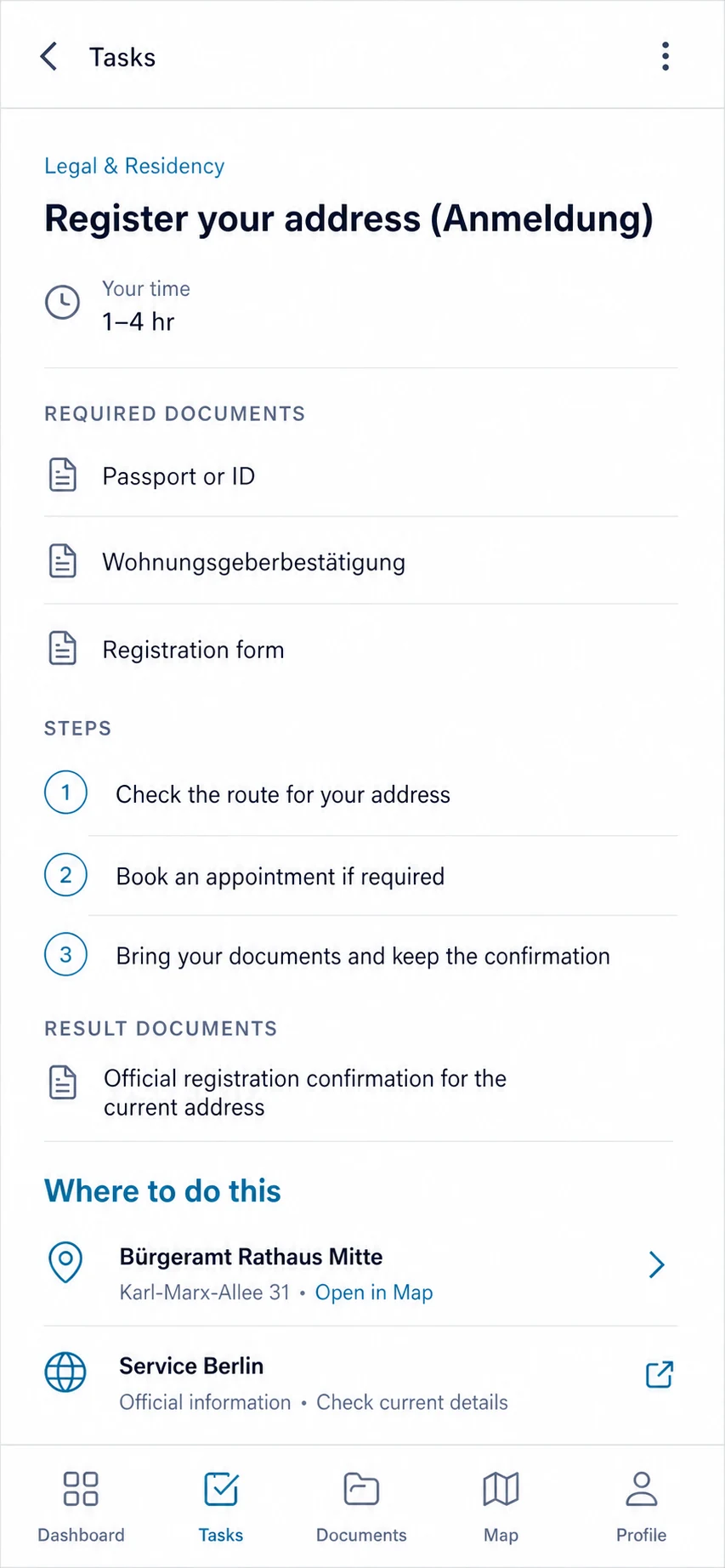 Landly task detail showing required and result documents, steps and where to register an address